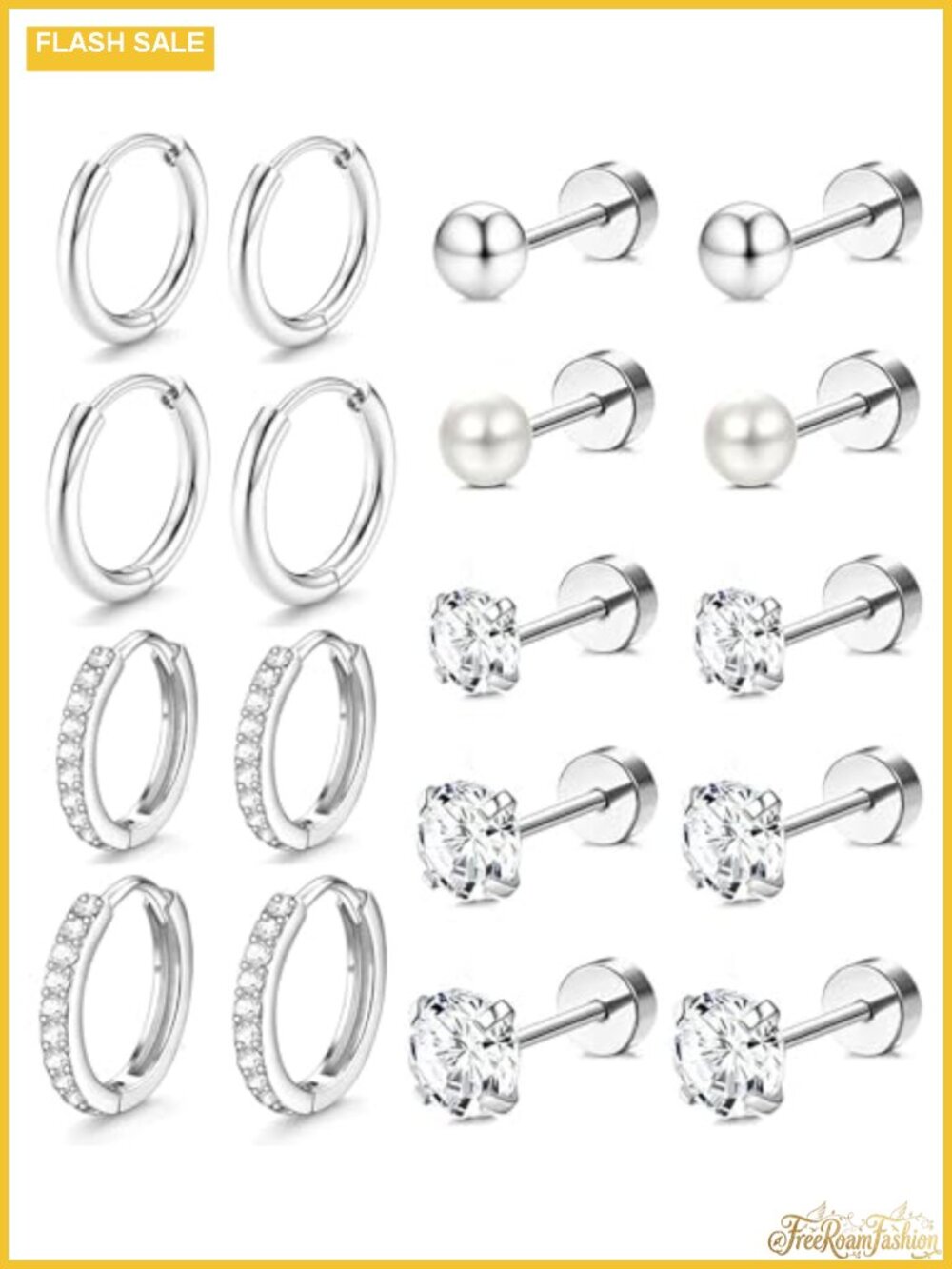 14K Gold Plated Cubic Zirconia Stud Earrings Set Hypoallergenic Surgical Steel